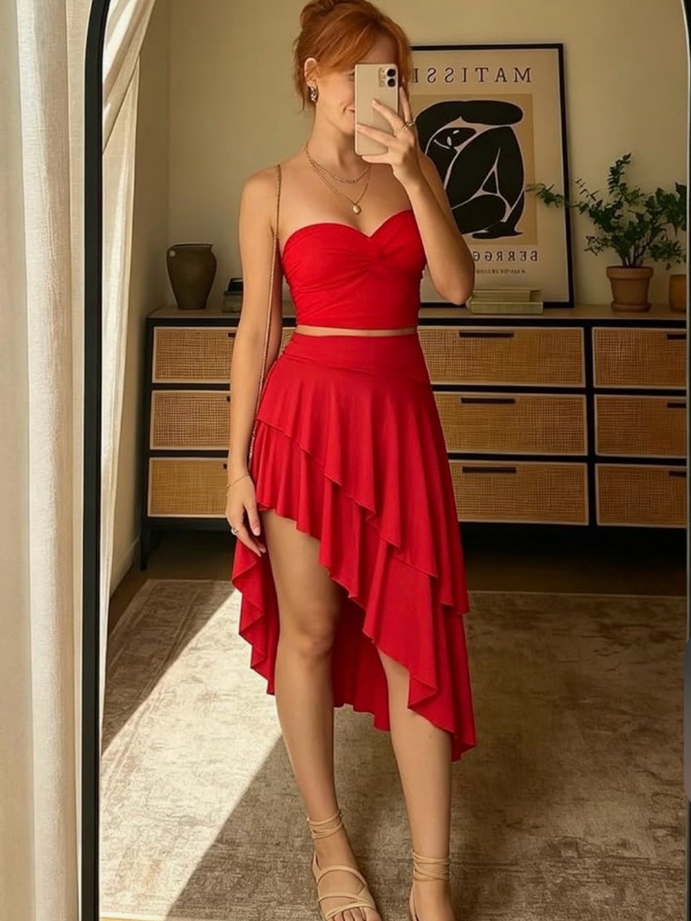 Red  Ruffled Asymmetrical Skirt.